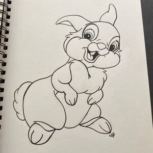 Thumper Rabbit Drawing Disney Bambi Bunny Illustration Black Ink 11 x 7.75”